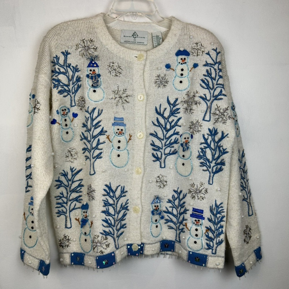 Design Options Cardigan Sweater Women L Snowman Embroidered Beaded New Holiday